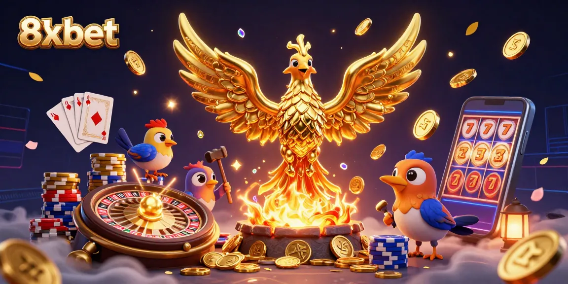 Engage with vibrant casino elements at 8xbet, featuring animated golden phoenix and dazzling game symbols.