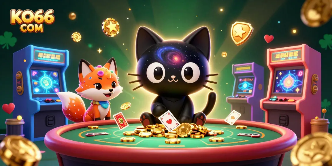 Engage in immersive gaming at KO66 COM with colorful cosmic characters and vibrant casino elements.