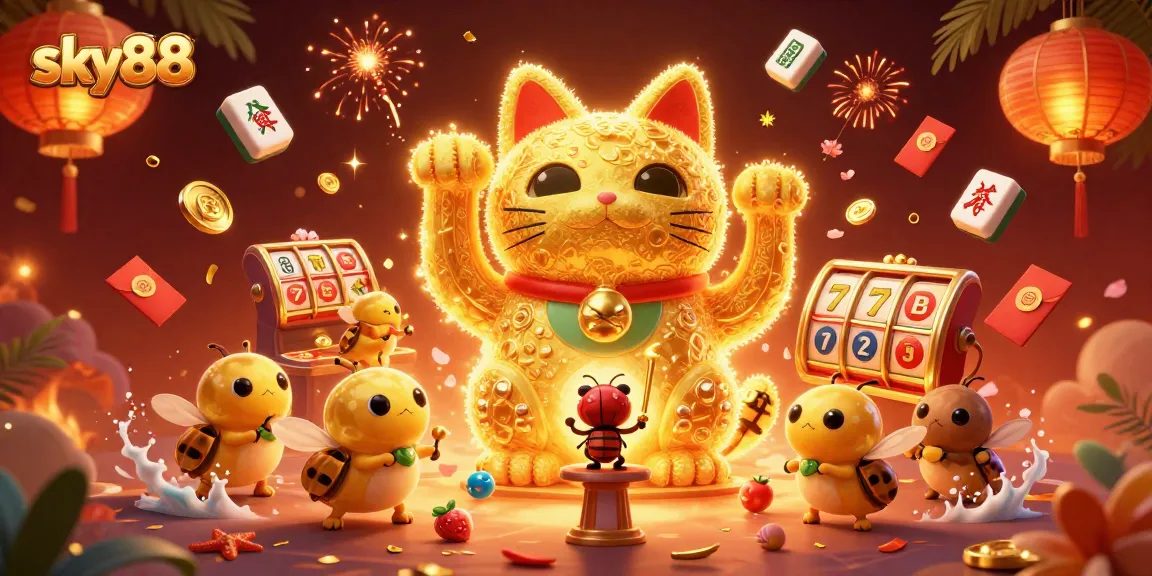Engage with sky88's winning symbols amidst a vibrant 3D casino scene featuring a lucky cat.