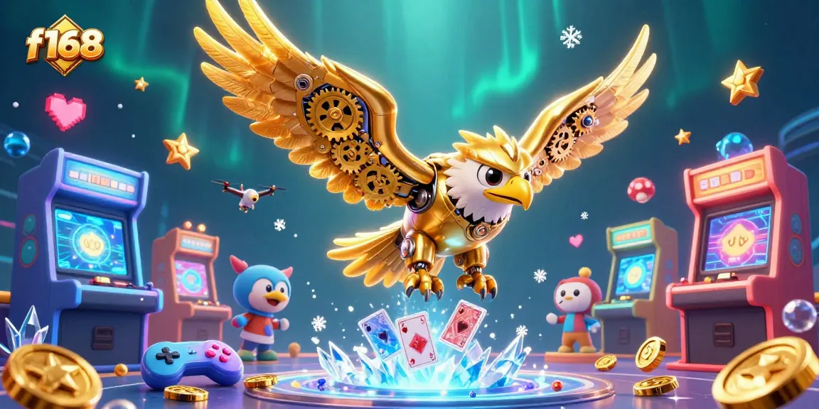 Experience thrilling gameplay at f168 with a vibrant scene of a golden eagle and gaming symbols.