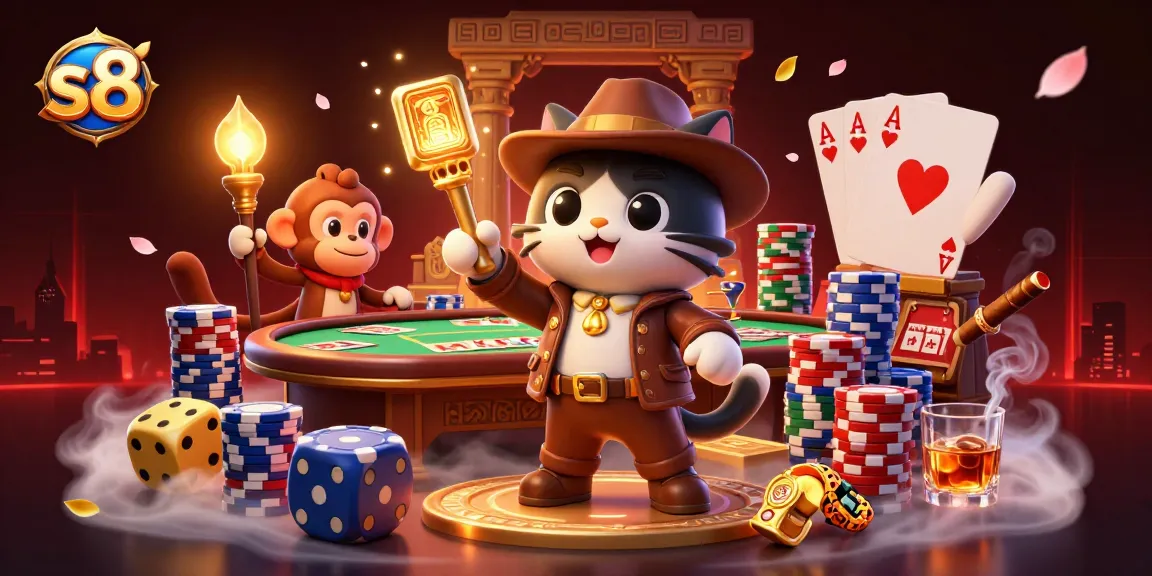 S8 players explore a vibrant casino scene with golden artifacts, poker chips, and dynamic characters, immersing in gambling excitement.
