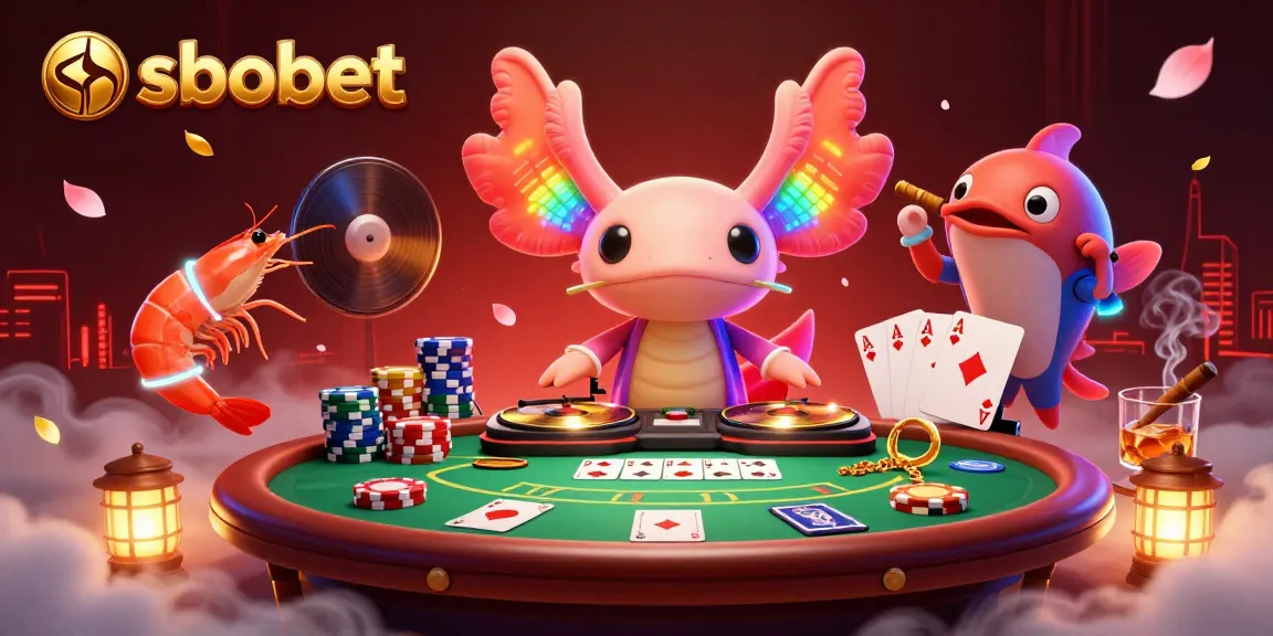 Experience sbobet excitement with a vibrant 3D axolotl DJ and dancing sea creatures at a lively casino.