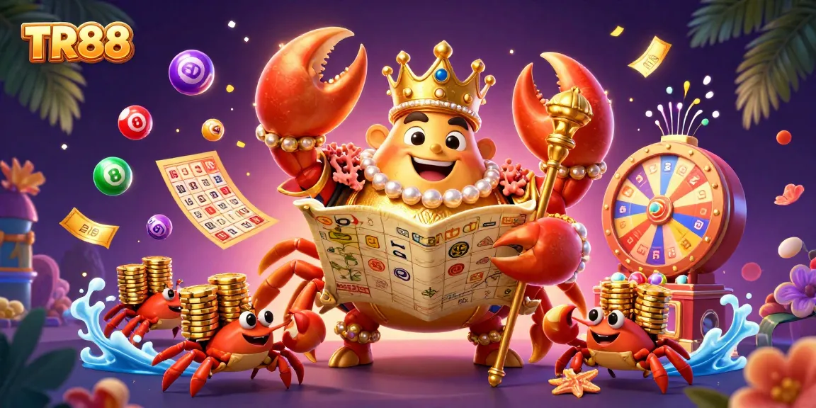 Engage with TR88’s vibrant casino scene featuring a golden crab emperor amidst lively lottery elements.