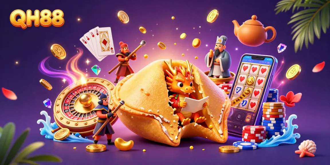 Experience QH88's exciting gaming world with a vibrant illustration showcasing fortune cookies, coins, and more.