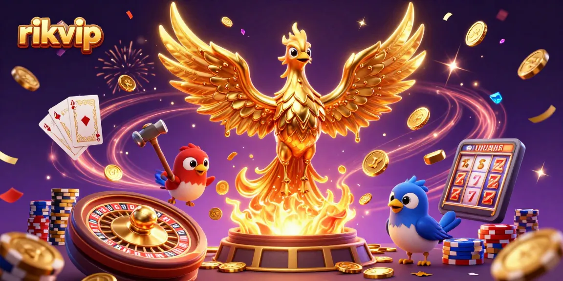 Engage with rich 3D art of rikvip showcasing a golden phoenix surrounded by casino elements.