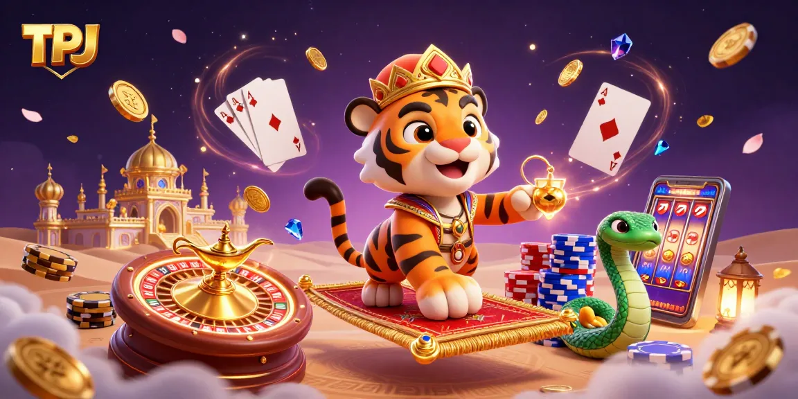 Win big with TPJ entertainment in this vibrant, 3D casino illustration showcasing thrilling elements.