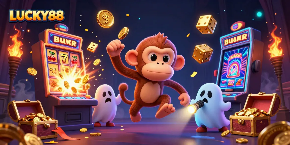 LUCKY88 presents a lively scene with a playful poltergeist monkey and ghost-hunter puppy in a vibrant casino environment.