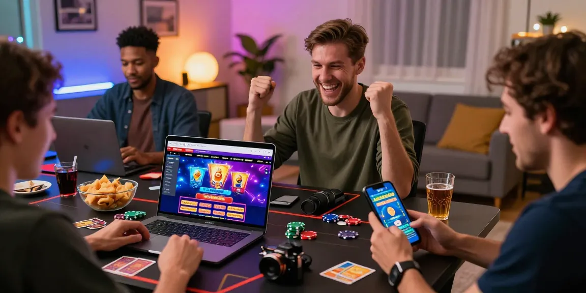 Celebrating players enjoying non gamstop casinos in a vibrant home gaming setting, highlighting excitement and promotions.