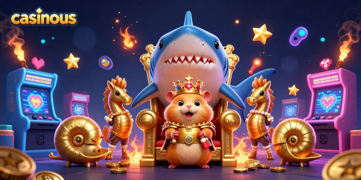 Engage in the thrill of online gaming at casinous, featuring a hamster king surrounded by vibrant game elements.