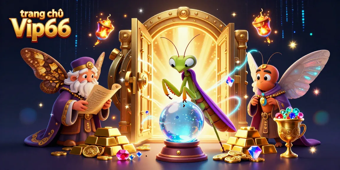Win big with engaging visuals on trang chủ Vip66, featuring animated fortune teller and treasure in a dazzling casino setting.