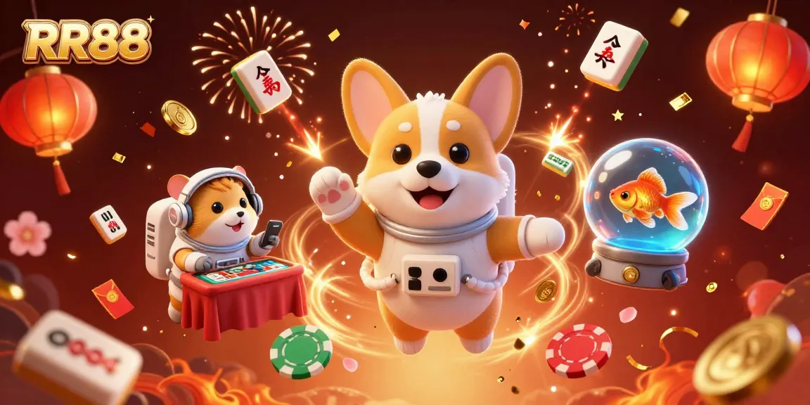 Experience the thrill of RR88 with a floating gaming scene featuring an astronaut corgi and casino elements.