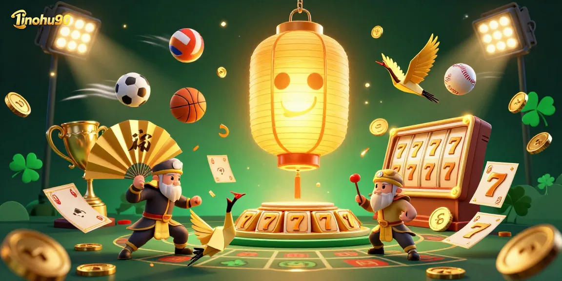 Experience the thrill of gaming with 1nohu90 where golden spirits float above jackpot slots and sports elements.