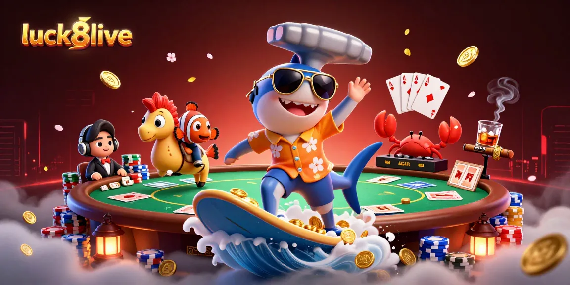 Engage with luck8live as a colorful 3D illustration showcases a shark surfing gold coins, symbolizing thrilling casino action.