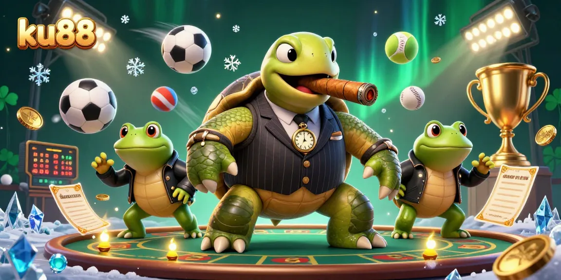 Experience ku88's thrilling atmosphere with a cartoon turtle and bullfrogs amidst vibrant casino elements.