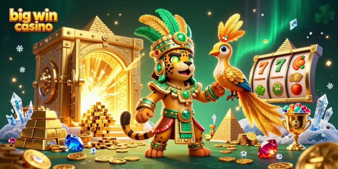 Experience big win casino thrills with shimmering jaguar priest, treasure, and vibrant slot symbols.