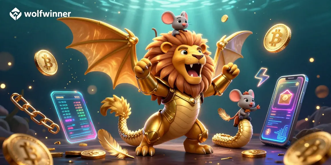 Engage with wolfwinner's vibrant underwater casino scene featuring dazzling crypto elements and a triumphant chimera.