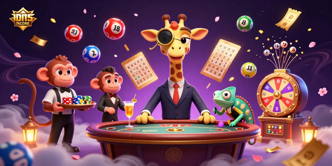 Play exciting games at IDNSCORE with dynamic slots and vibrant casino elements surrounding a high-roller giraffe.