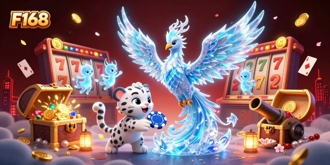 Engage with F168 in an exciting casino scene featuring ice phoenix and poker elements.