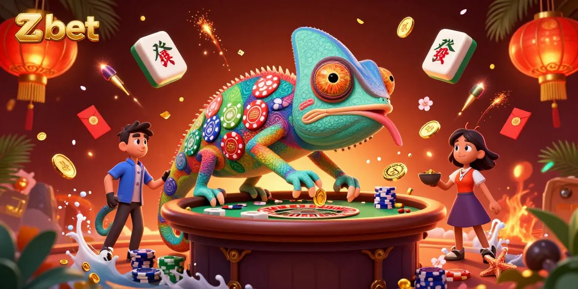 ZBET showcases an engaging scene with a vibrant chameleon casino owner capturing golden coins, perfect for players.