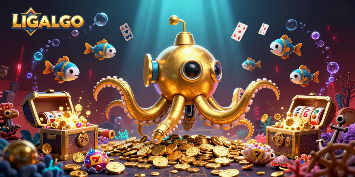 LIGALGO showcases an exciting underwater casino adventure with a golden kraken submarine and slot reels.