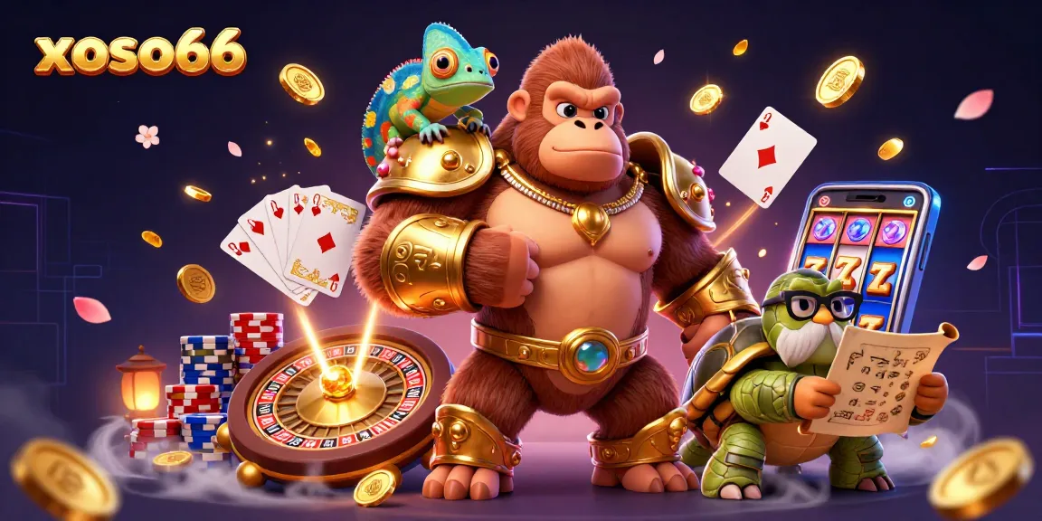 Experience excitement with xoso66's vibrant gambling scene featuring a powerful gorilla, gemstone treasures, and a wise tortoise.