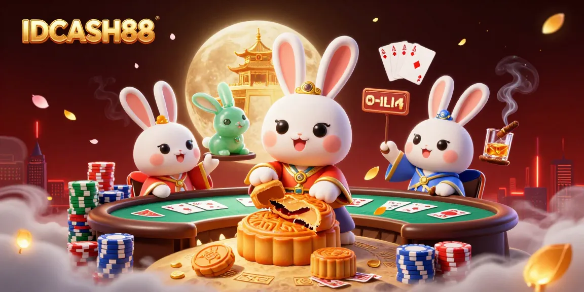 IDCASH88 showcases a vibrant scene with moon rabbits enjoying poker amid golden palace aesthetics.