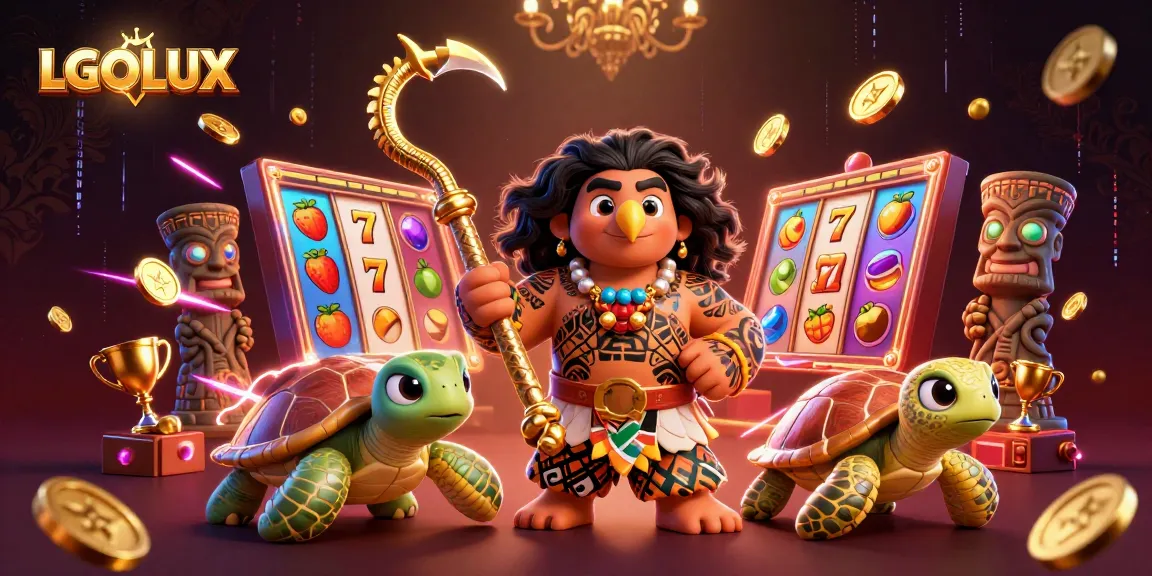 Experience winning with LGOLUX in a vibrant casino scene featuring a demigod and slot games.