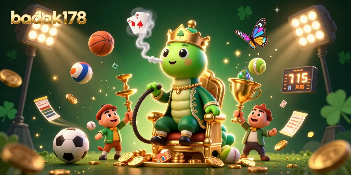 Experience the thrill of badak178 with a vibrant 3D illustration showcasing a unique caterpillar hookah-master amidst sports elements and golden treasures.